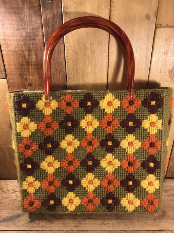 Flower Knitting Wool Bag 花柄 ビンテージ 手提げバッグ 毛糸 70年代 - STIMPY(Vintage  Collectible Toys）スティンピー(ビンテージ コレクタブル トイズ）